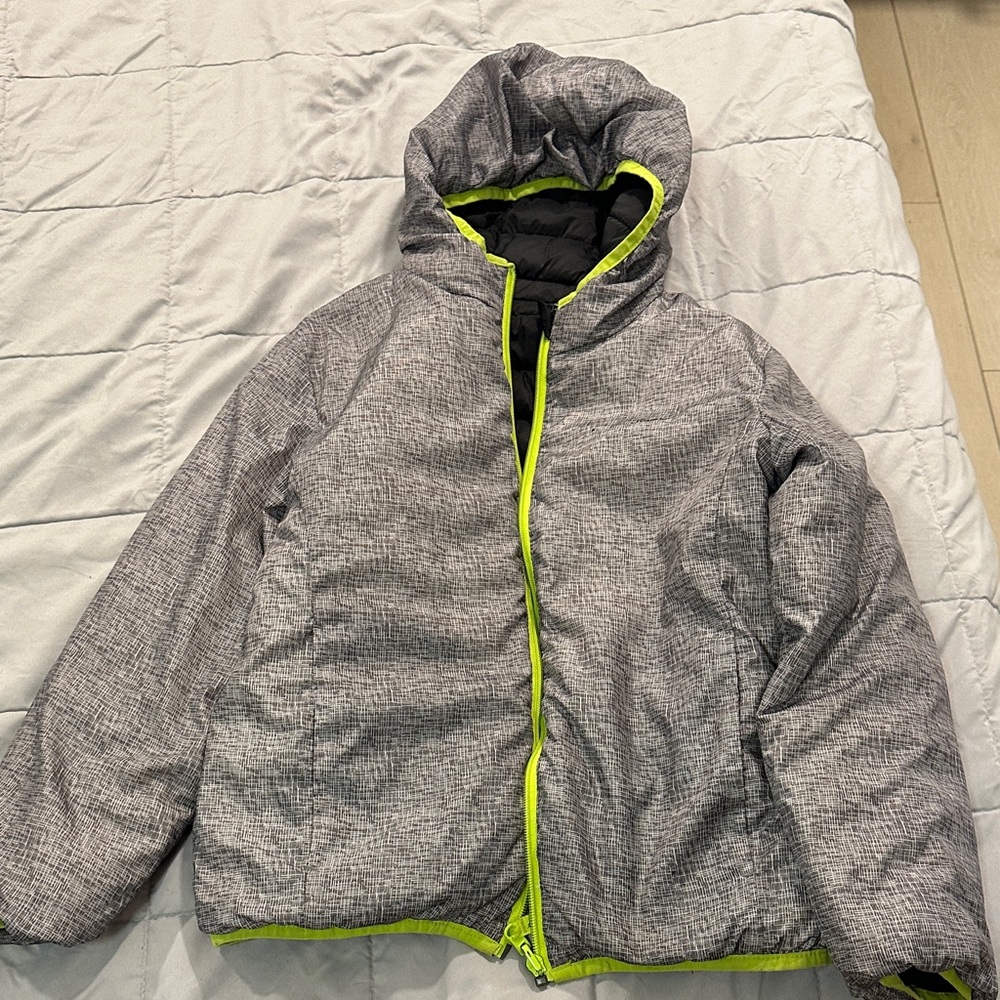 Eddie Bauer Kids Gray and Neon Yellow Puffer Jacket reversible